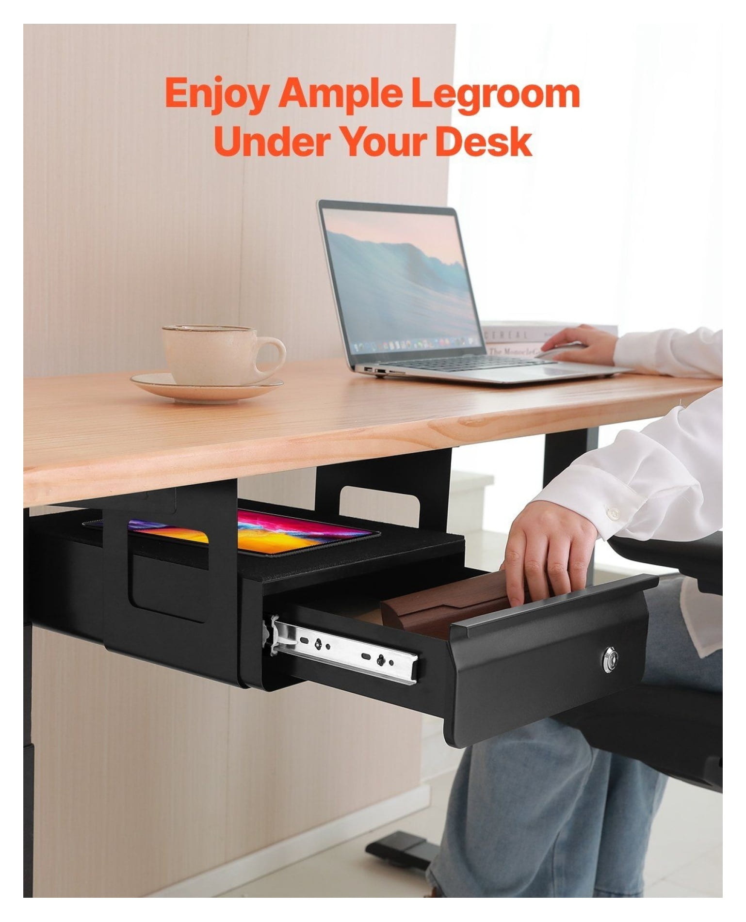 13" Under Desk Drawer Organizer - Lockable Slide Out Storage Box for Office & Home - Heavy Duty Steel - Hidden Desktop Organizer with Keys - Black