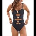 thumbnail image 1 of Traje de Baño de una Pieza para Mujer, con Corte de Color y Bloques de Color, con Aros Dorados y Ribetes. Negro L, 1 of 10