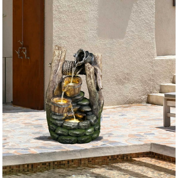 Hi-Line Gifts LED Lighted Cascading Well Outdoor Fountain with Pouring Pail - 20"