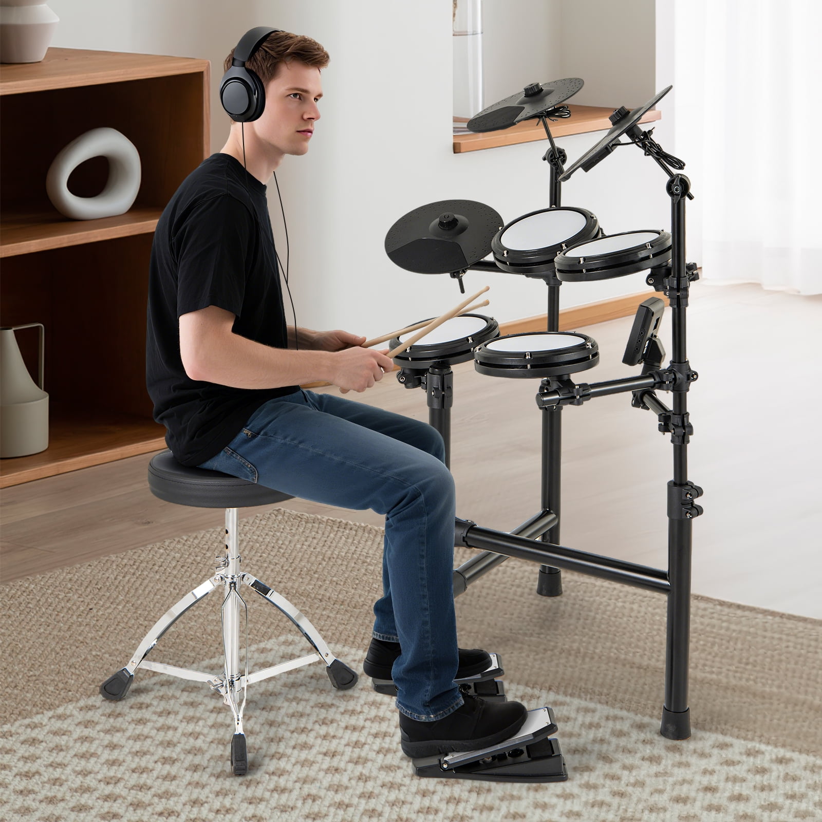 Gymax Electric Drum Set Foldable Drum Kit w/ 7'' Mesh Drum Pads 9.5'' Cymbals 10 Demos Black