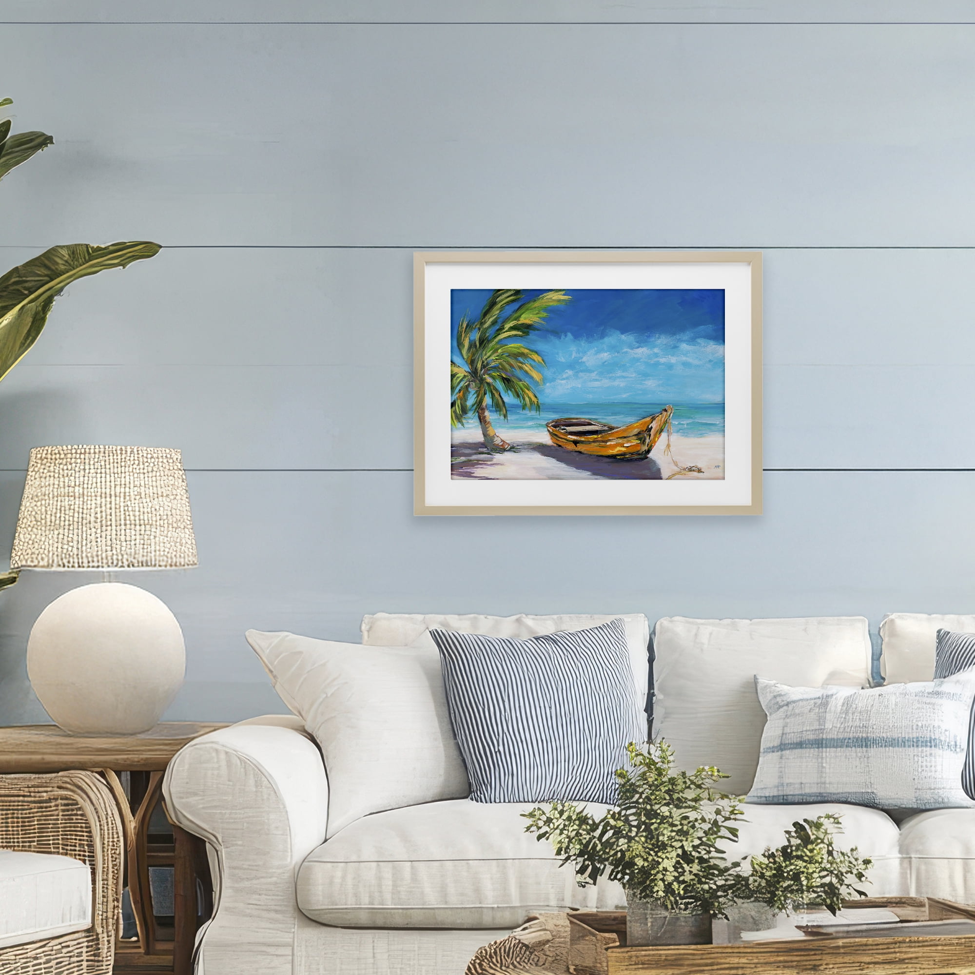 Stupell Industries Lost Island Palm & Boat Birch Framed Print Under Glass, design by Julie DeRice