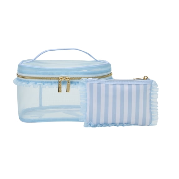 Conair Blue Mesh Train Case, Travel Makeup Bag with Matching Pouch, 2-Piece Set
