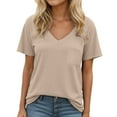 thumbnail image 2 of ClodeEU Women's V Neck Short Sleeve ， Casual Trendy T Shirts ，Cute Loose Fit Tees Beige,Womens Plus XL, 2 of 5