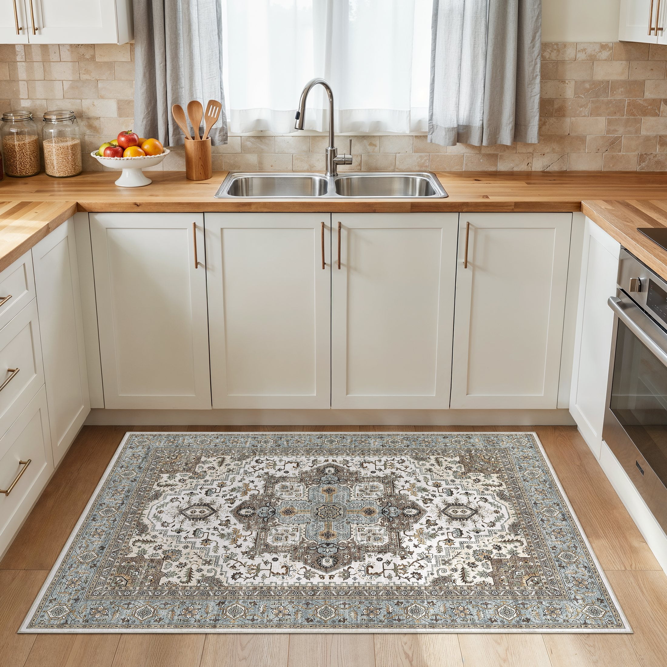 UERMEI 3'x5' Area Rugs, Non-slip Washable Vintage Throw Rugs Carpet for Entrance Entryway Bedroom Laundry Room, Low Pile Indoor Rug Floral Rug Home Decor Carpet, Blue Brown