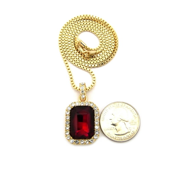 Rectangular Faux Ruby Stone Pendant w/ 2mm 24" Box Chain Necklace in Gold-Tone