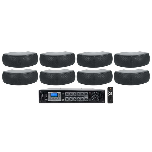 Rockville 6 Zone Commercial Amplifier (8) Dual 4" Black Indoor/Outdoor Speakers