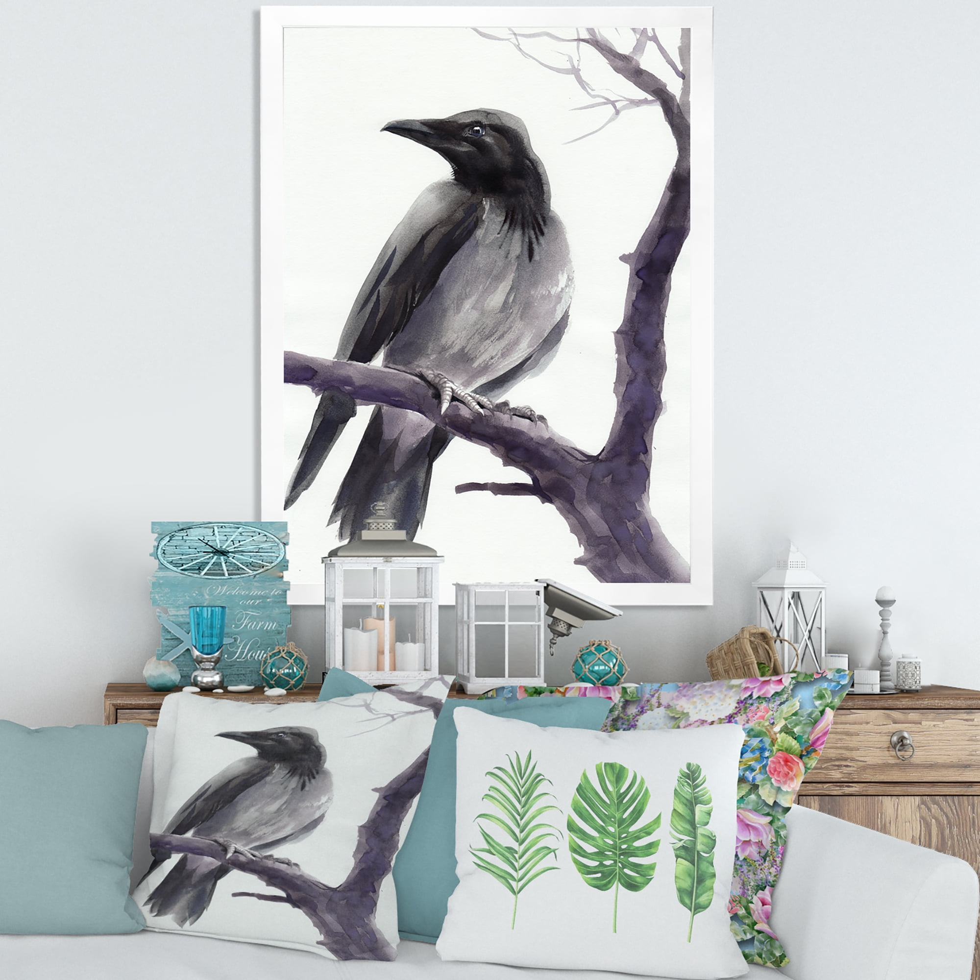 Designart 'Big Crow Sitting On A Branch' Traditional Framed Art Print