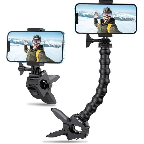 Gooseneck Phone Holder Clamp Clip Mount Cell Stand for Desk Pole Table Compatible with iPhone 16 15 14 Pro Max Plus 13 12 11 SE XS XR X 8 7 6 GoPro Hero and Other 4-7'' Devices