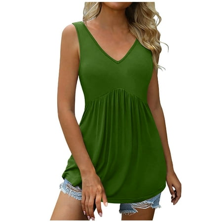

Dianli Tank Tops Cute Tunic Pleated Camisole Vest Swing Flowy Holiday Beach Pullover V-Neck Solid Summer Tops Sleeveless T-shirts Green XXL
