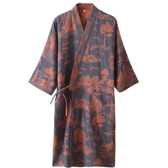 Jiibva Japanese Style Printed Jacquard Robe Breathable Soft Bathrobes Lightweight Loungewear Classic Nightwear with Pockets for Men