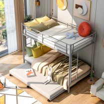 ENYOPRO Bunkbed with Roll Out Trundle Bed Frame, Twin Over Twin Metal Bunk Bed, Trundle Twin Bunk Bed with Ladders and Guardrails for Guest Room, Space Saving Bedroom Furniture, No Box Springs Needed