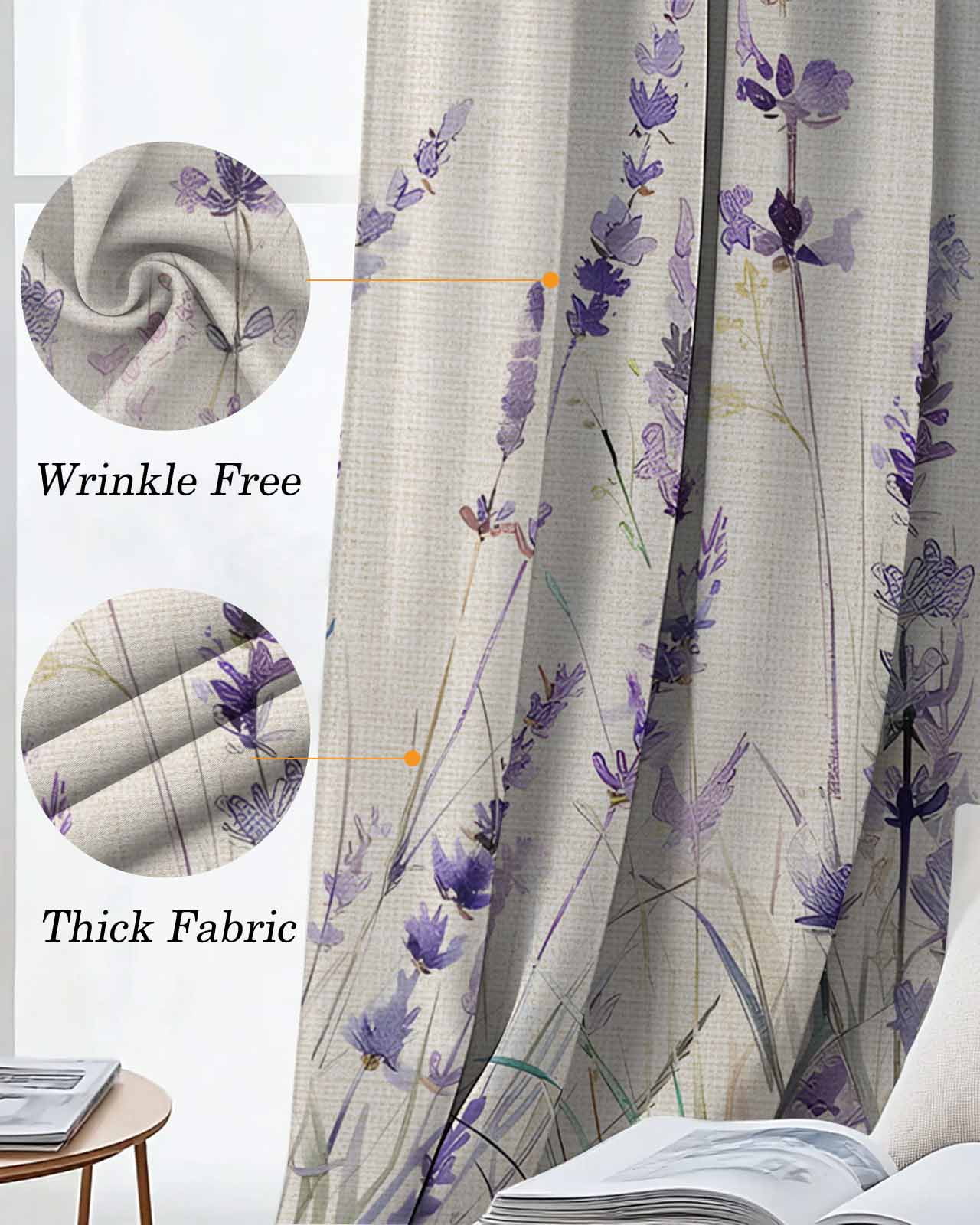 Spring Flower Blackout Curtains for Bedroom Living Room, Vintage Purple Lavender Linen Texture 84 In Long Thermal Insulated Room Darkening Drapes Grommet Window Treatments, 42 x 84 In