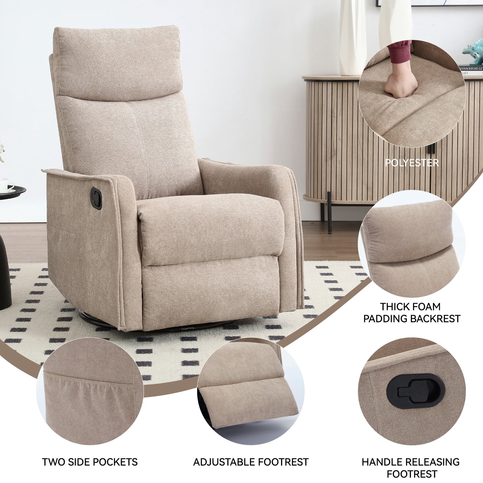 Holaki Manual Swivel Rocker Recliner Chair, 360° Swivel Recliner with Massage and Heat, Chenille Rocker Recliner Nursery Glider Chair with Side Pockets, Lumbar Support for Living Room, Khaki