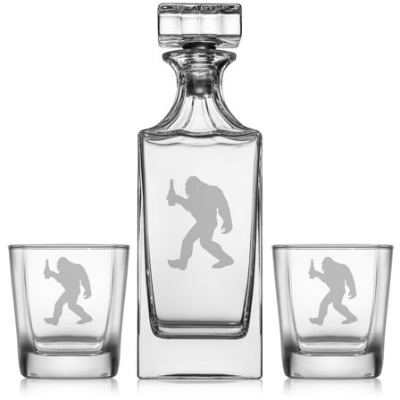 Whiskey Decanter Gift Set With 2 Whiskey Old Fashioned Rocks Glasses Drinking Bigfoot Sasquatch with Alcohol Bottle