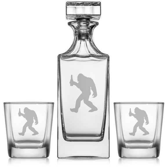 Whiskey Decanter Gift Set With 2 Whiskey Old Fashioned Rocks Glasses Drinking Bigfoot Sasquatch with Alcohol Bottle