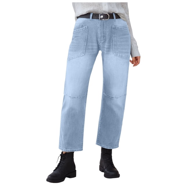 HSMQHJWE Bootcut Jeans for Women Stretchy Mid Rise Double Button Wash Solid 90s Straight Leg Jeans