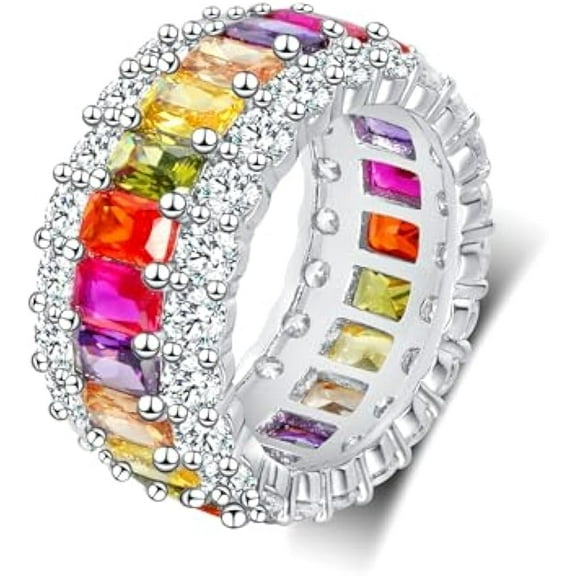 18K White Gold Plated Halo Wedding Ring Eternity Band for Women, Sparkling Colorful Cubic Zirconia