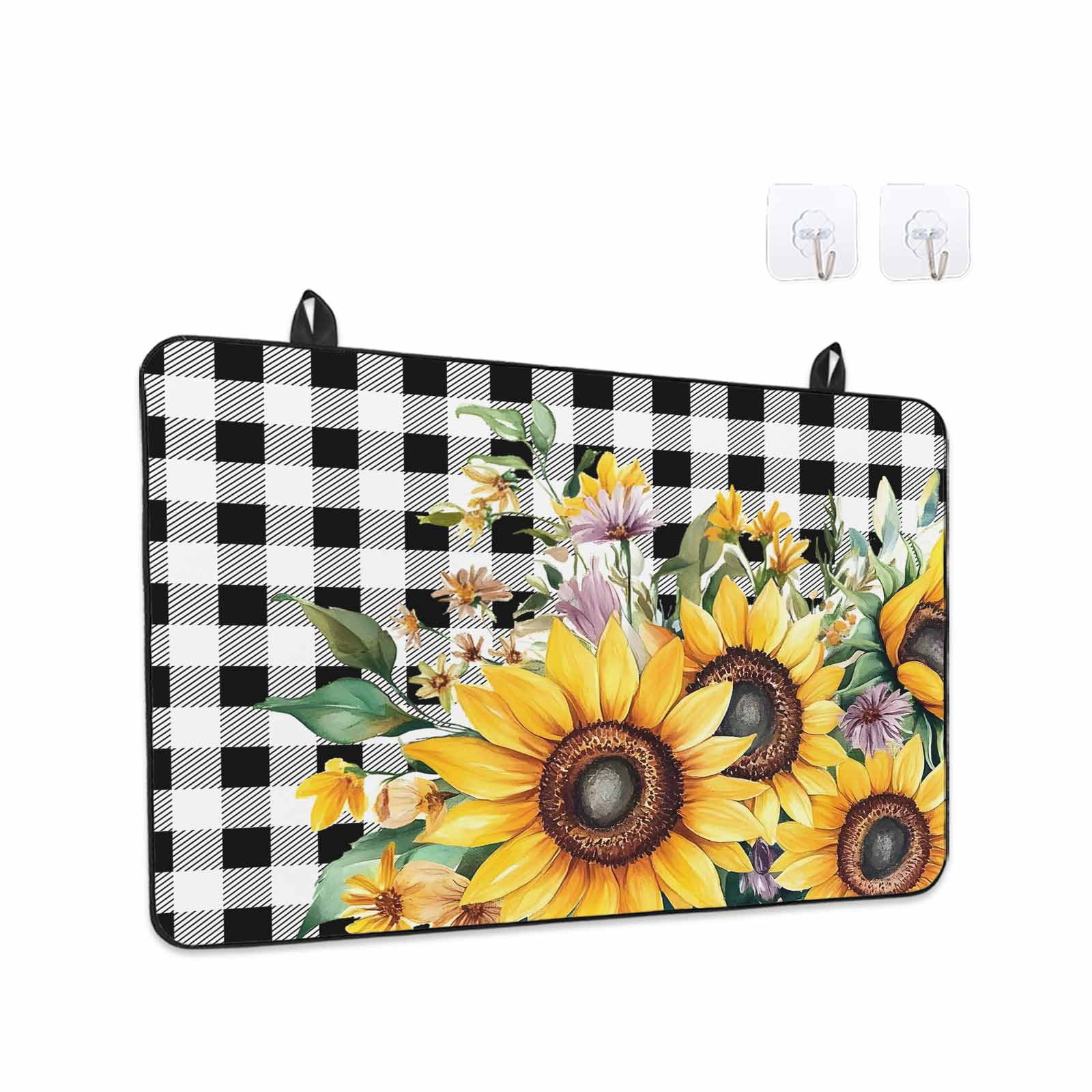 Sunflower Plaid Stove Top Cover for Electric Stove, Heat-proof & Non Slip Glass Top Stove Cover Protector, Black White Checkered Yellow Floral Kitchen Flat Cooktop Rubber Mat 24x21 Inches