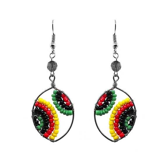 Rasta Beaded Ellipse Silver Metal Striped Seed Bead Dangle Earrings - Womens Fashion Handmade Jewelry Boho Accessories
