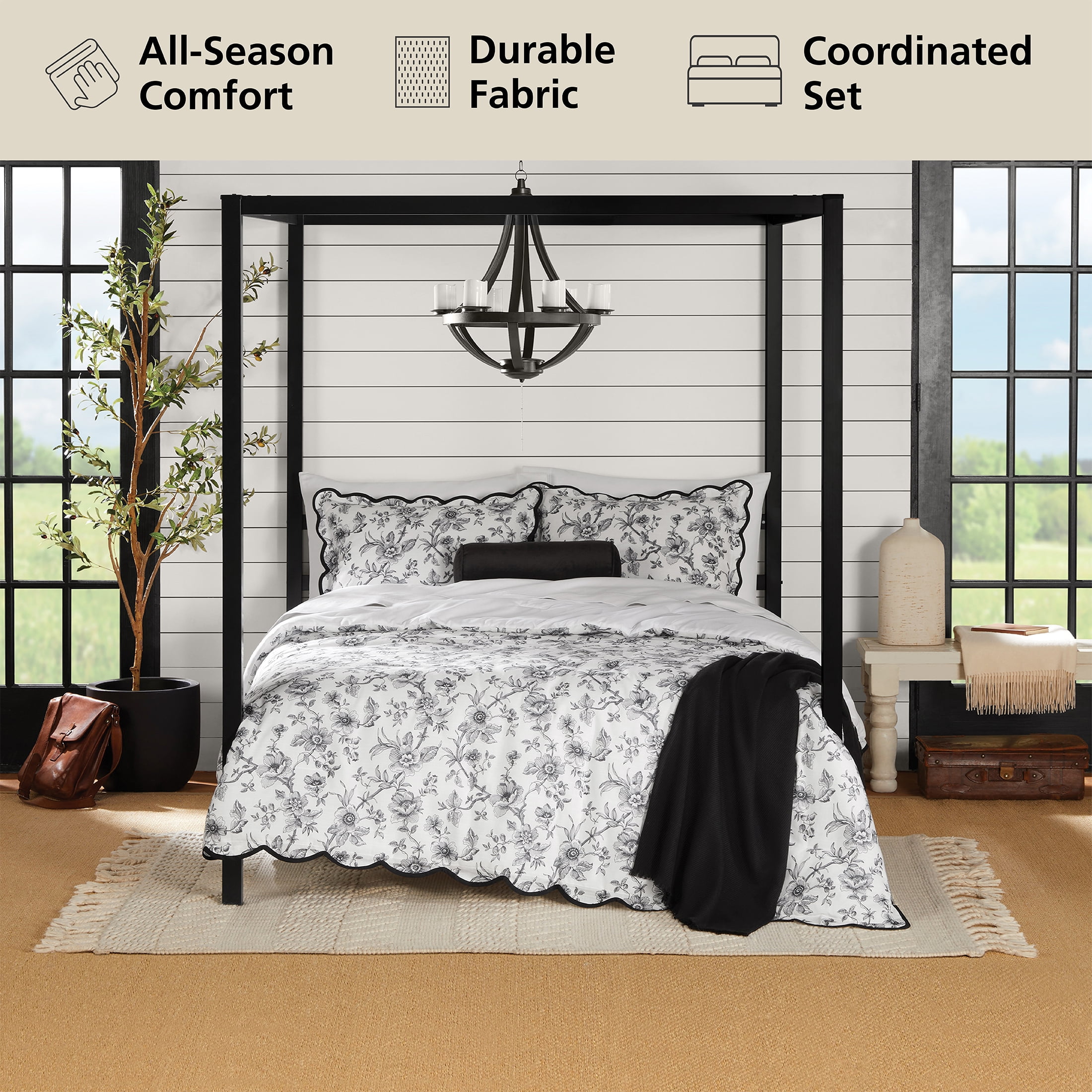 Mainstays Full/Queen Comforter Set, All-Season, 5-Piece, White & Black Floral Scallop