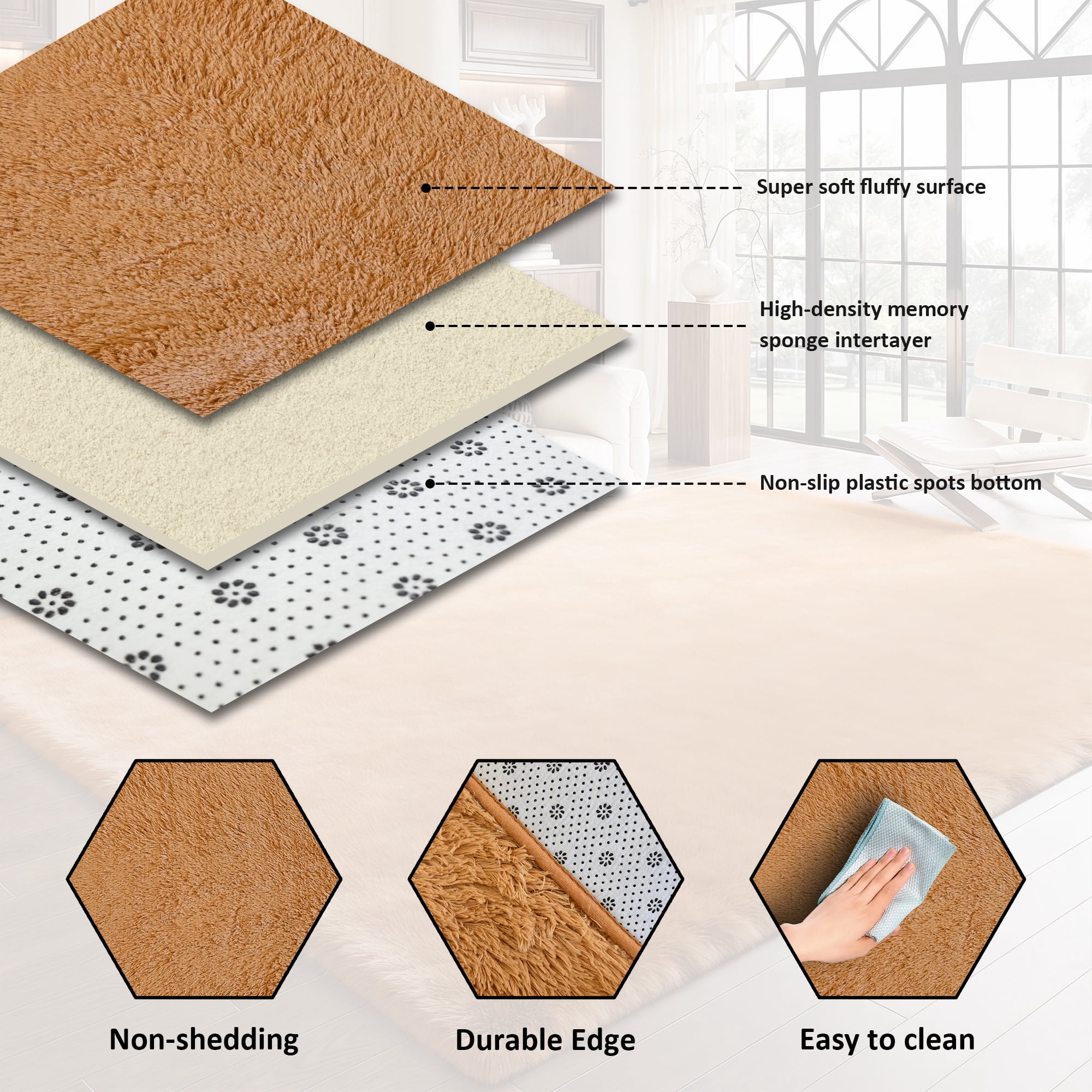 Pentantan Shag Area Rugs, 9ft x 12ft Soft Fluffy Indoor Carpet for Living Room Bedroom Decor, Light Brown