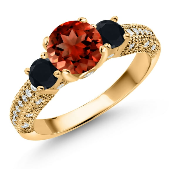 Gem Stone King 18K Yellow Gold Plated Silver Red Garnet Black Onyx and White Moissanite Engagement Ring for Women (2.02 Cttw, Gemstone January Birthstone, Round 7MM and 4MM, Size 7)