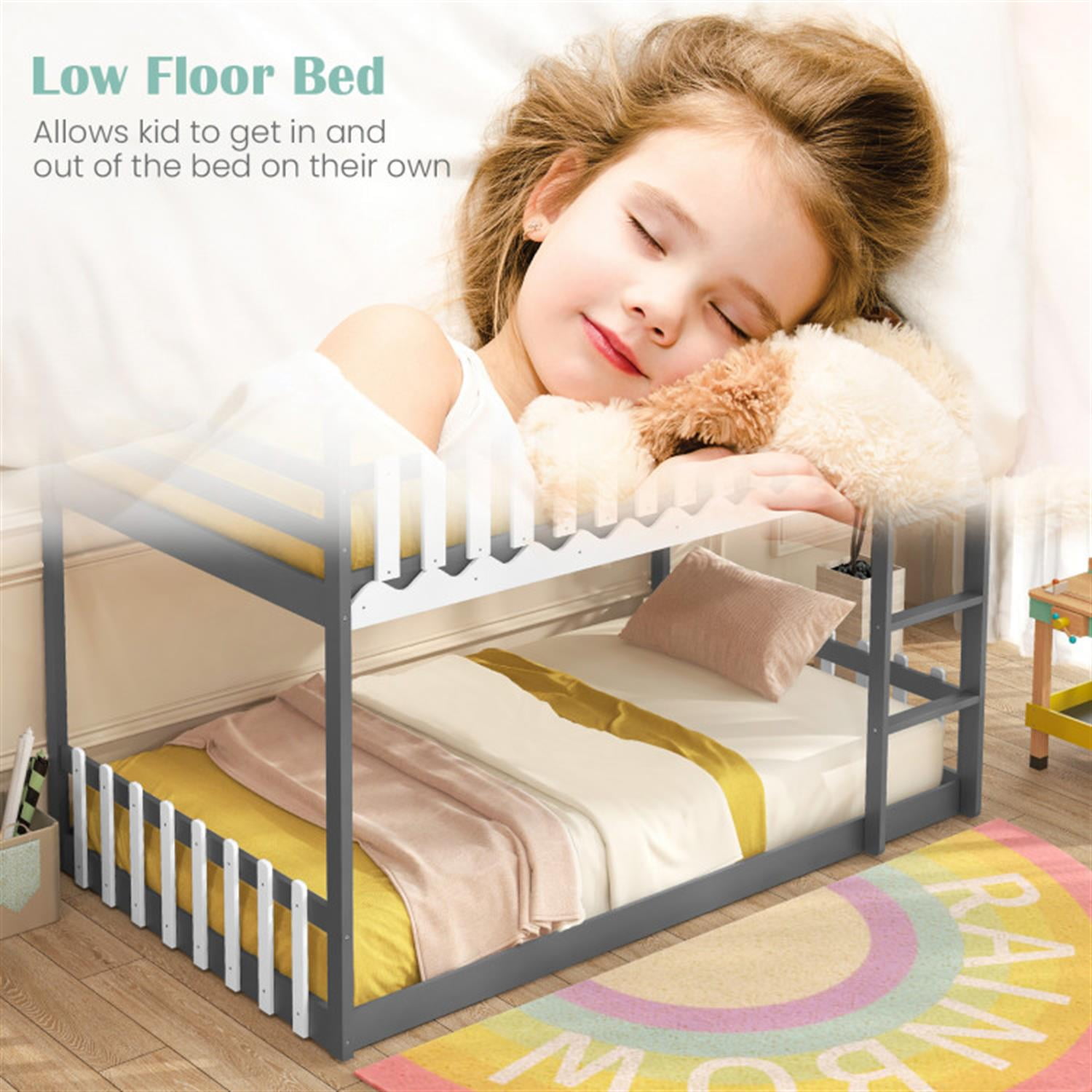 Demi Bonn Twin Over Twin Bunk Bed with Fence and Ladder, Twin Bunk Solid Wood Low Beds, Bed Frame, Gray