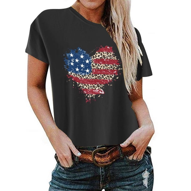 Birdeem T-Shirt pour Femmes d'Été Décontracté Ample Imprimé Fête de l'Indépendance à Col Rond à Manches Courtes