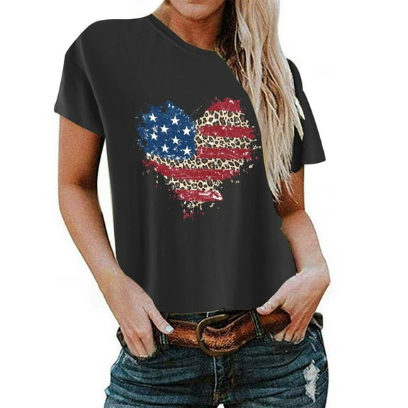 qipepei American Flag Shirt for Women 4th of July Outfits Patriotic T-Shirts Women's Summer Casual Loose Fitting Independent Day Printed Round Neck Short Sleeved Women's Top