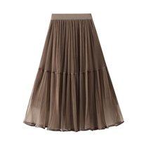 SWSMCLT Women's Pleated Tulle Skirt Calf Length Tulle Fall Spring Flowy Skirt A Line Summer Layered Elegant Khaki Small-Large