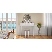 White Vanity Desk with 3-Color LED Mirror & Cushioned Stool – Makeup Table, 2 Drawers, Touch Screen – Bedroom Bathroom Dressing Set