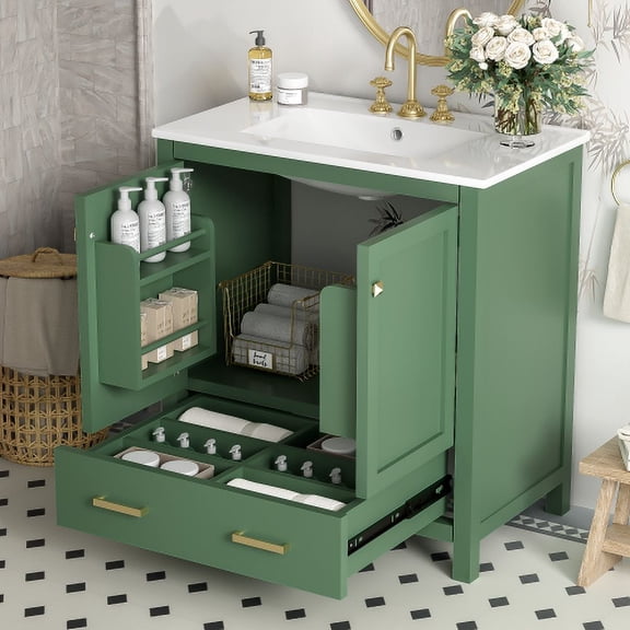 30" Sturdy Modern Freestanding Vanity Cabinet, Modern Bathroom Cabinet with Soft Closure, Freestanding Vanity with Storage for Bathroom, Green