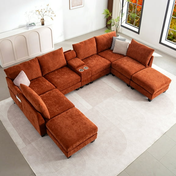 136 '' Modern U-Shaped Modular Sectional Sofa, Couch with Center Console, Cup Holders, Storage Ottoman, and Built-in USB Charger