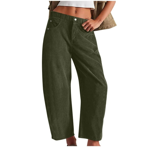 HaiMao Corduroy Pants Clearance Women Elastic Waist Mid-Rise Wide Leg Cropped Pants Baggy Barrel Jeans Trousers with Pockets Army Green 4(S)