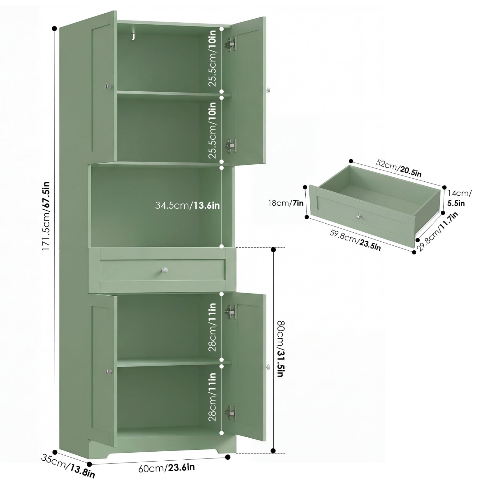 Homfa 67.5'' Tall Kitchen Pantry with Microwave Shelf, Large Storage Drawer Wood Pantry Storage Cabinet for Dining Room Living Room, Green