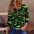 thumbnail image 2 of WTOBBY Women's Halloween Printed V-Neck Button Detail Tee with 3/4 Sleeve, Casual Weekend Fashion Top for Fall Season, Comfortable Daily Wear Apparel,Green L, 2 of 6
