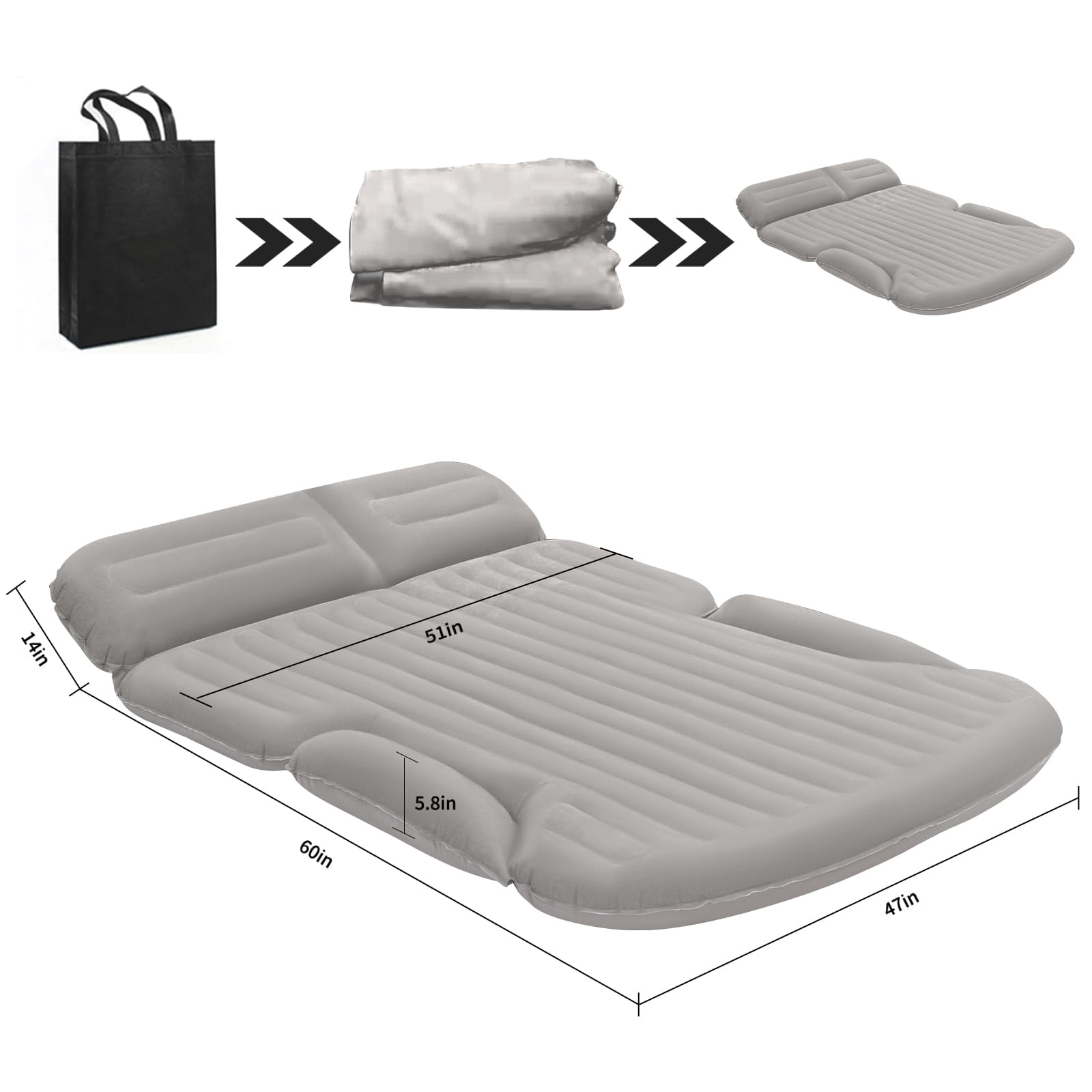 QDH SUV Air Mattress Thickened and Double-Sided Flocking Travel Camping Bed with 2 Pillows & Electric Pump Dedicated Mobile Cushion Inflatable Bed for SUV Trunk and Rear Seat (Light Gray)