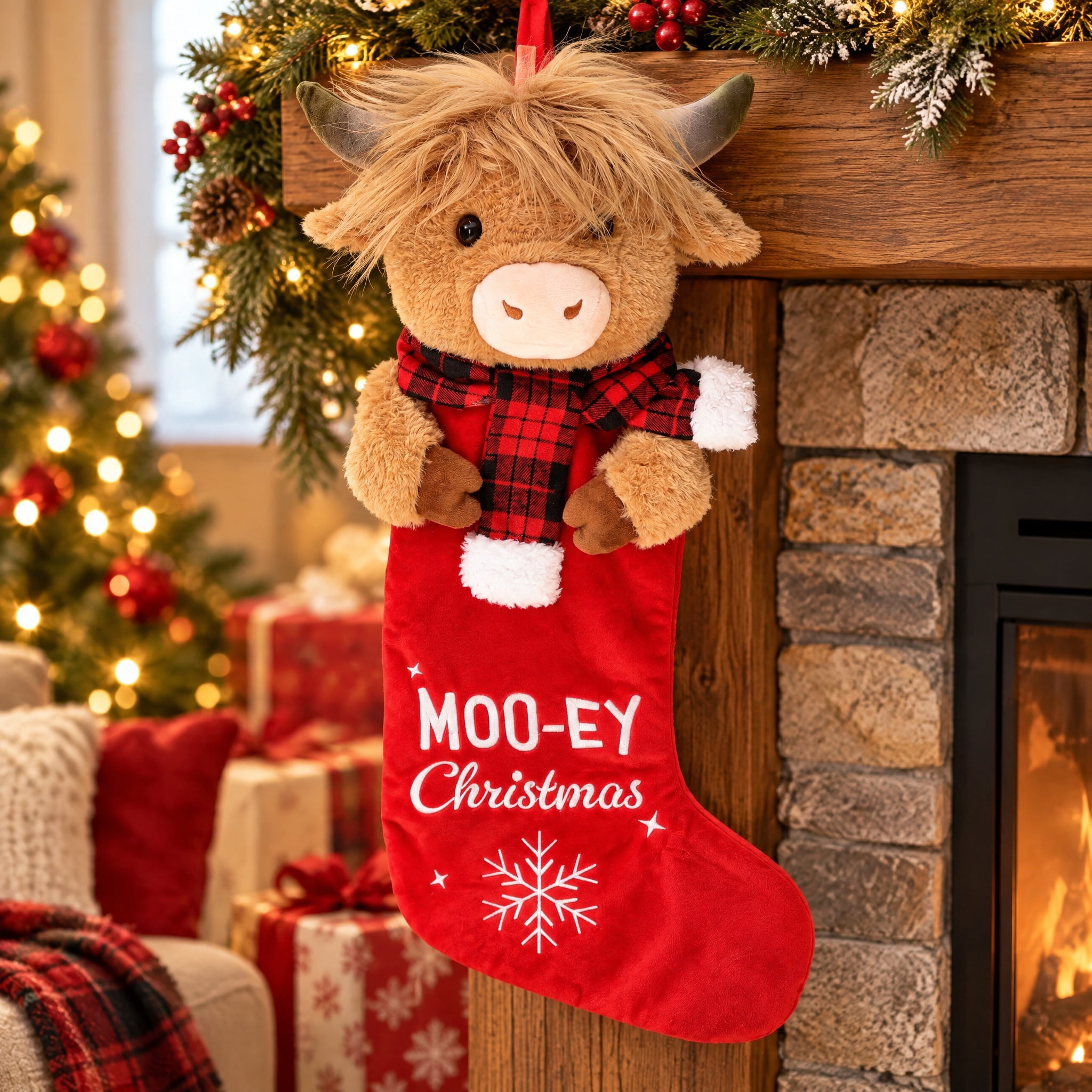 Holiday Time Moo‑ey Christmas Stocking with Plush Cow Head, 1 Piece