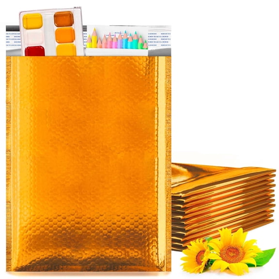Gold Metallic Bubble Mailers, 9.5 x 13.5 Inches. Pack of 200 Bright Metallic Bubble Envelope. Self-Seal Foil Shipping Envelopes. Waterproof Poly Mailers Metallic for Small Business