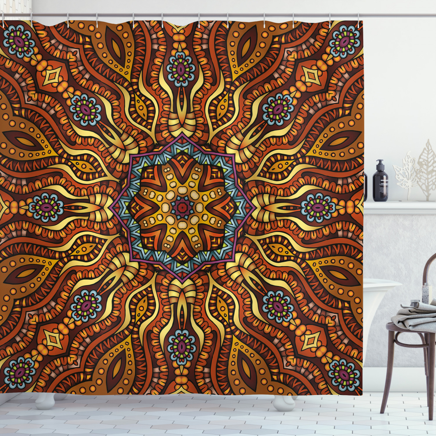 Ethnic Shower Curtain, Ethnic Mosaic Like Kaleidoscope Design with
