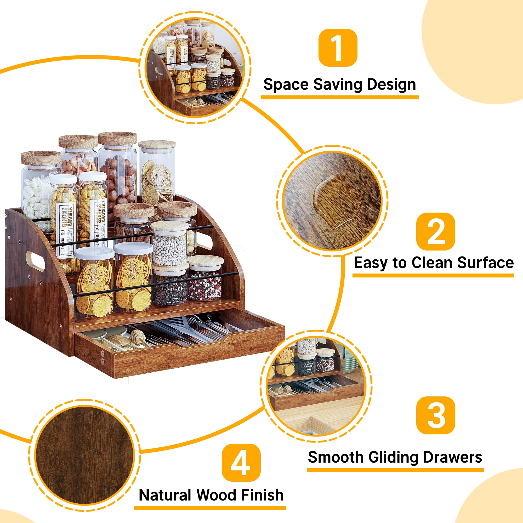 Yoneston 3-Tier Retro Bar Liquor and Wine Rack with Drawer, Wood 3-Step Countertop Coffee Syrup Rack Organizer Bottle Holder for for Liquor Whiskey