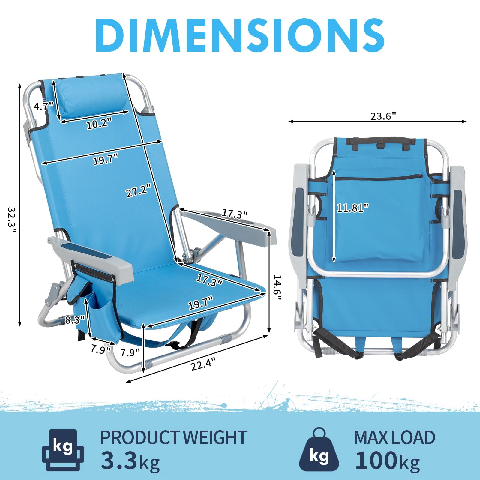 Beach Chairs with 5-Position Recline, 330lbs Folding Backpack Beach Lounge Chairs with Storage Pockets, Cup Holder & Towel Bar, Portable Aluminum Lay Flat Camping Chairs for Travel, Pool & Outdoor