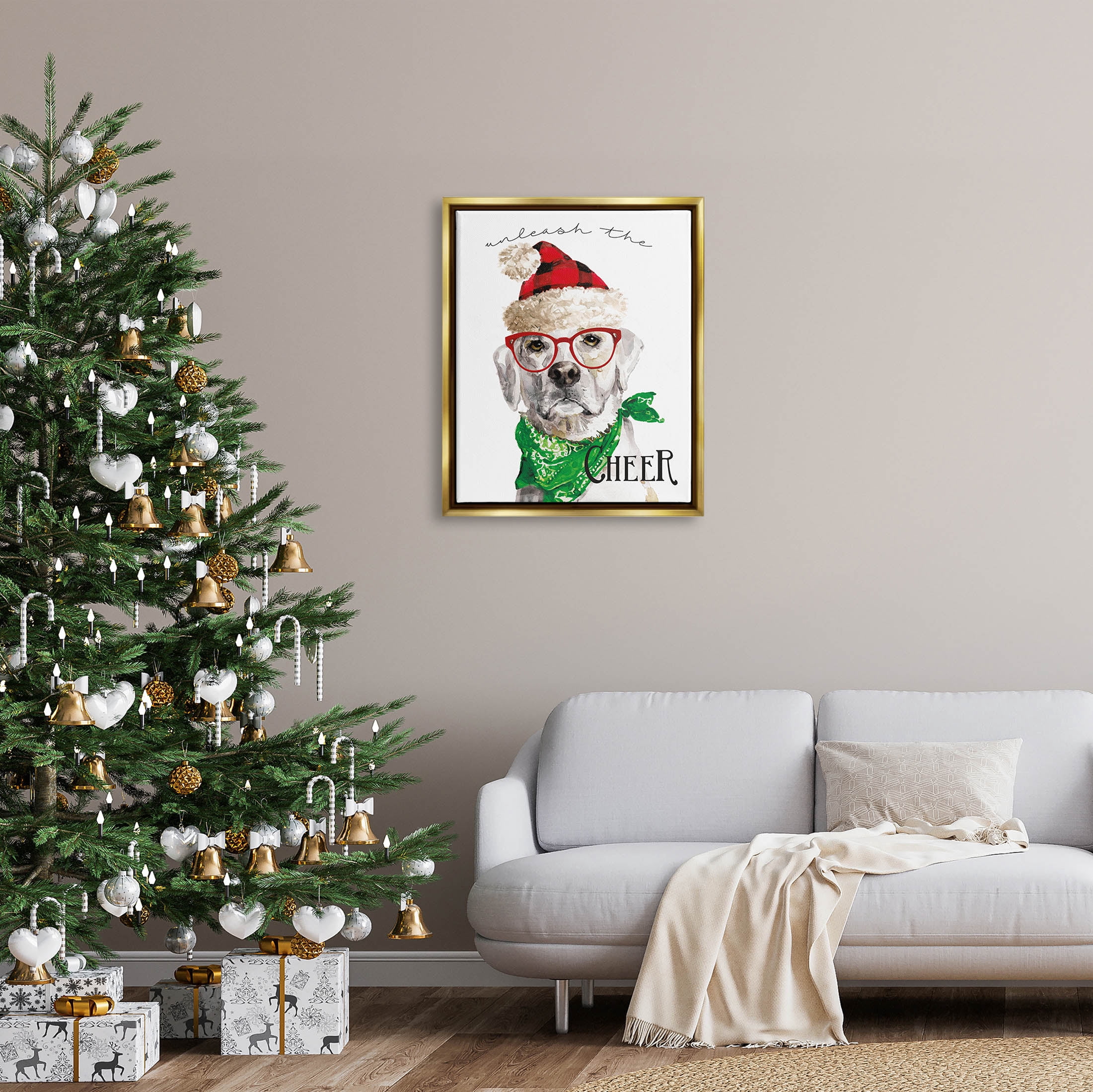 Stupell Industries Unleash The Cheer Holiday Dog Graphic Art Metallic Gold Floating Framed Canvas Print Wall Art, Design by Livi Finn