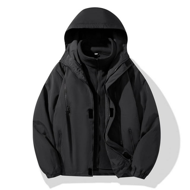Veste Coupe-Vent pour Hommes avec Doublure Intérieure Amovible, Manteau d'Hiver Robuste pour Activités Extérieures, Poches Zippées, Capuche Réglable, Coupe-Vent Ample pour Randonnée et Usage Quotidien