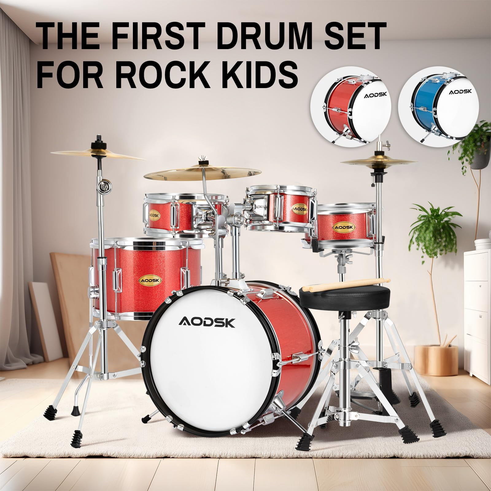 AODSK 5-Piece Junior Drum Set, a Complete Kit for Kids with Bass Drum, Tom-Tom, Snare, Cymbals, Hi-Tone Drum, Sticks, Base Pedal and Stool, Beginner Set, Gift for Boys & Girls