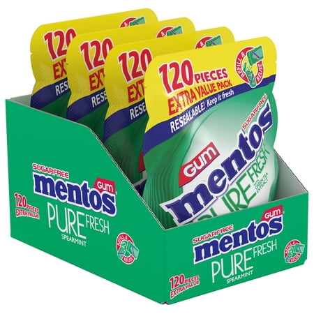 Mentos Pure Fresh Sugar-Free Chewing Gum with Xylitol, Spearmint, 120 Piece Bulk Resealable Bag (Pack of 4)