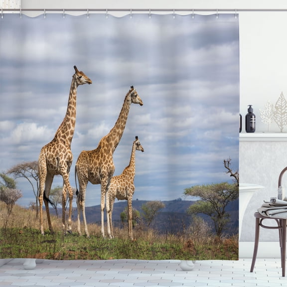 Ambesonne Wildlife Shower Curtain, Giraffe Family, 69"Wx70"L, Tan Blue
