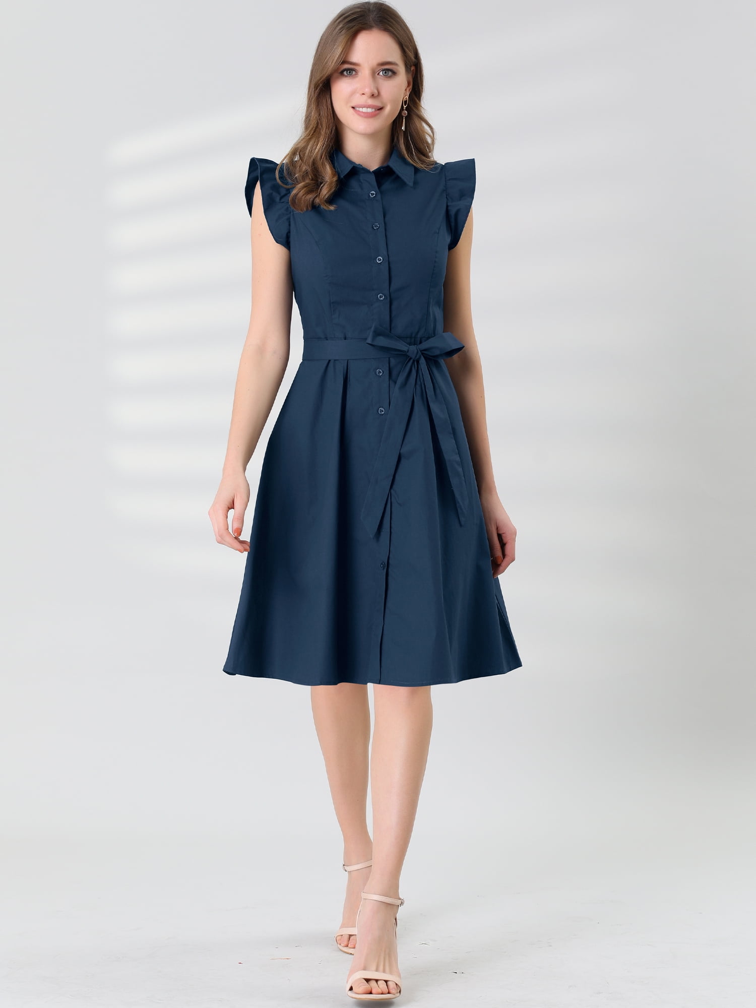 DARING DIVA Ruffled Sleeve Button Down Belted Knee Length Shirt Dress S Navy Blue