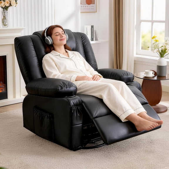 Massage Chair, Rocker Recliner Chair with Heat for Adults, 360° Swivel Oversize Sleeper Chair with Cup Holders, USB Charge Port, Side Pockets, Black