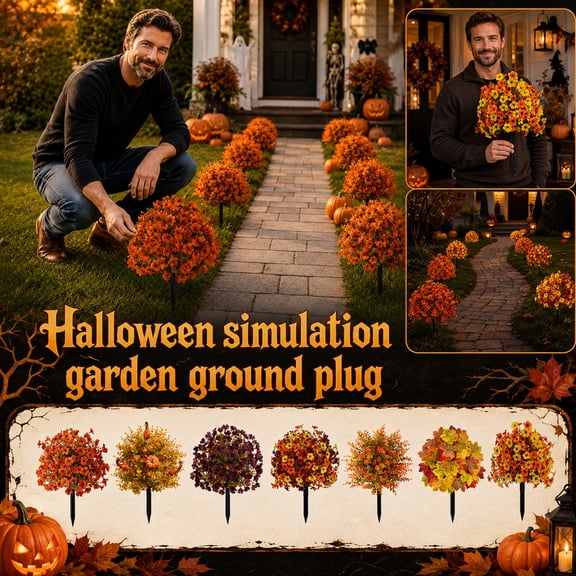 Mskk Outdoor Fall Artificial Flowers, Halloween Foliage Faux Flower Garden Stake, Fake Flower Ball Harvest Yard Plants Decor For Farmhouse Cemetery Thanksgiving Halloween Decoration